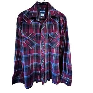 Mens L Vintage Western Shirt Pearl Snap Blue Plaid Maroon Tan